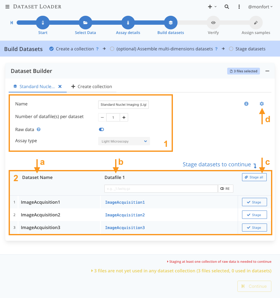 Screenshot of the dataset builder with 3 candidate datasets (unstaged)