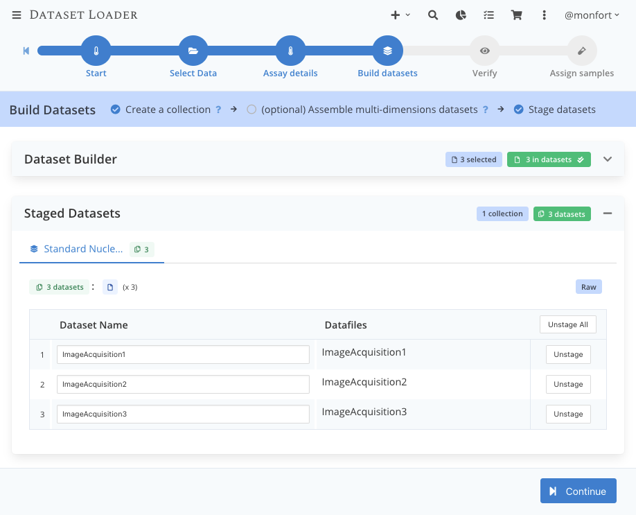 Screenshot of the dataset builder with 3 staged datasets