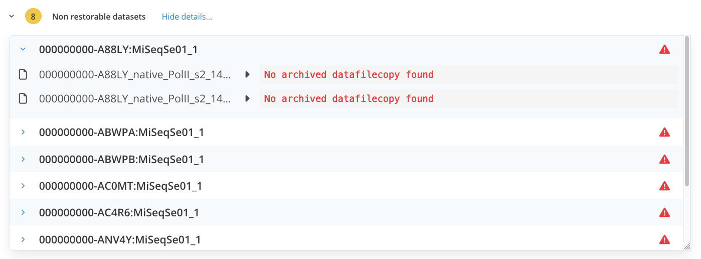 List of datasets that cannot be restored