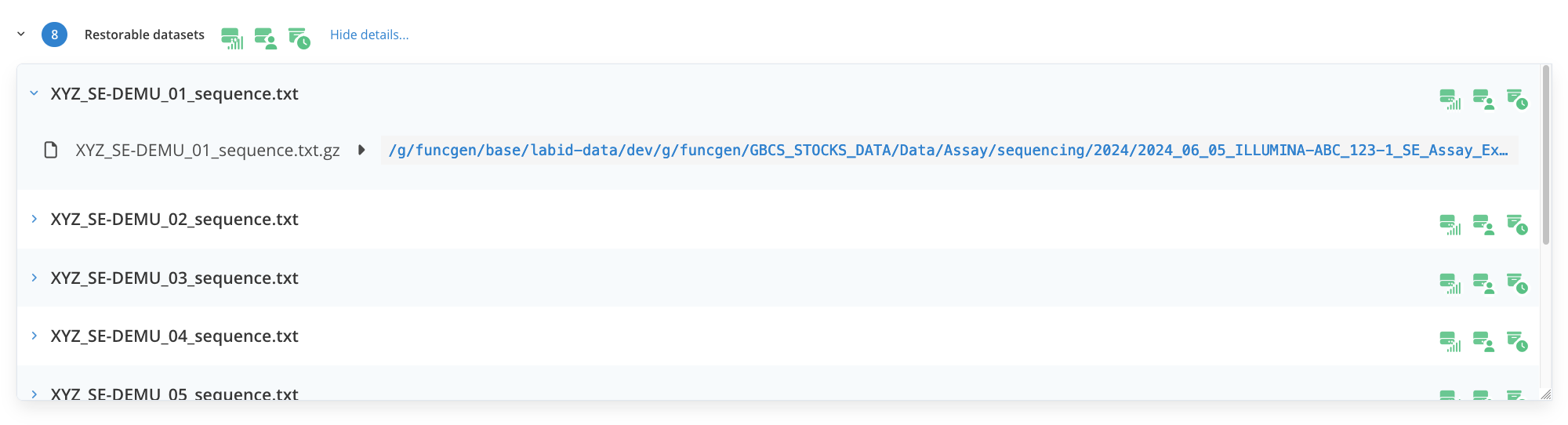 List of datasets that can be restored