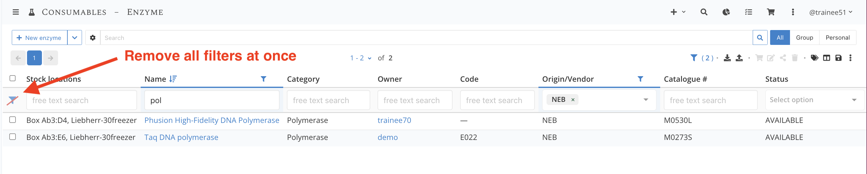 Remove all column filters at once